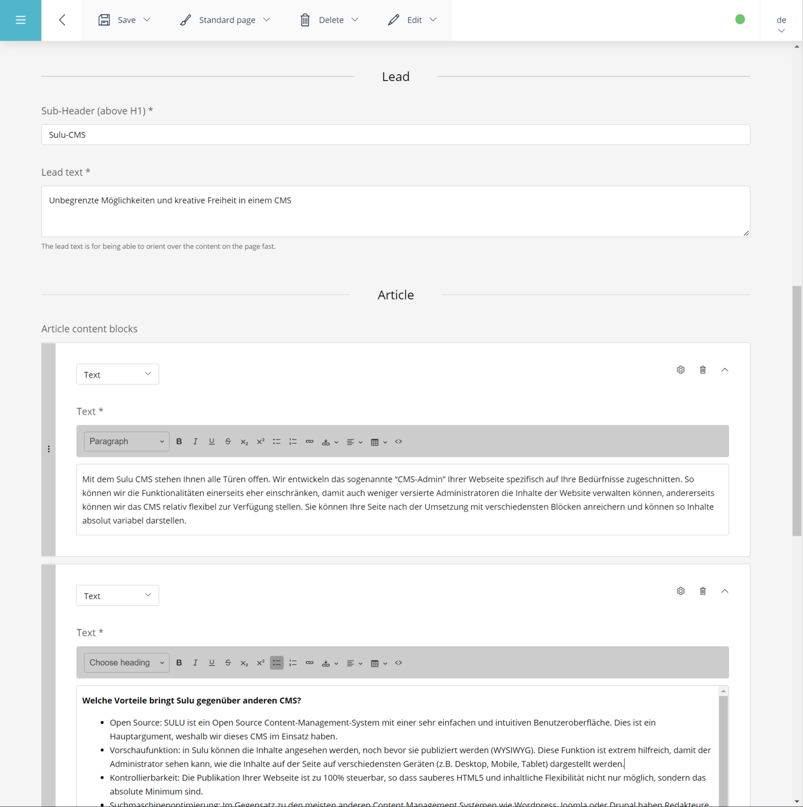 Sulu CMS Admin Interface